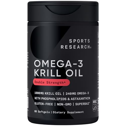 Sports Research® Omega-3 Krill Oil 1000mg - Pure Antarctic Superba Krill with Phospholipids, Choline & Astaxanthin - MSC Certified Sustainable · Non-GMO · Gluten Free - 60 Softgels
