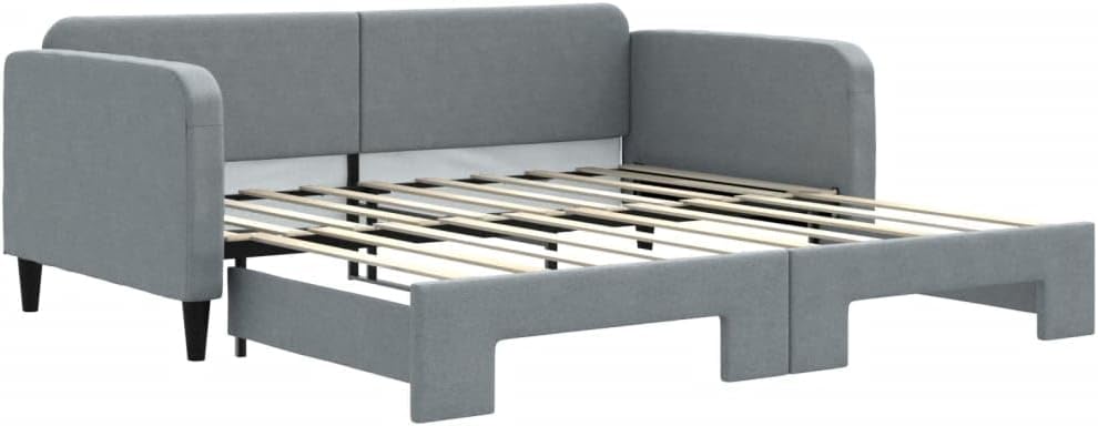 Light Grey Daybed with Trundle, Polyester Fabric, Wood and Metal Frame, Sturdy Platform Foundation, Slatted Mattress Support, Easy Assembly