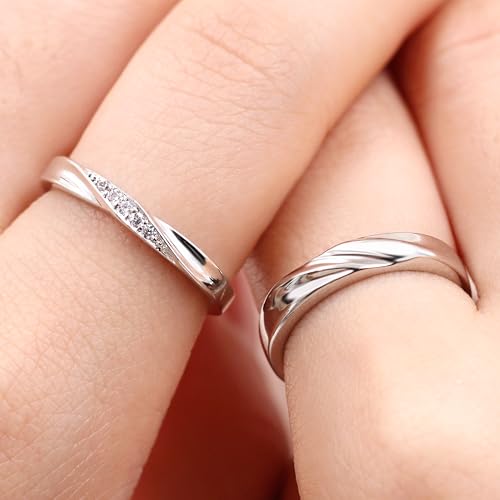 Platinum-Plated Brass Couples Ring Set | Twisted Rope Design with Cubic Zirconia Inlay | Matching Promise Rings for Couples2
