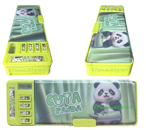 Image of Umadiya Plastic Multifunctional Panda Password Lock Double Sided Compass Box for Kids, Pencil Box for Boy & Girl, Aesthetic Stationary Items, Panda Theme Pencil Case Return Gifts for Kids (Green)