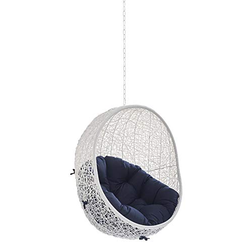 Modway Eei-3634-Whi-Nav Hide Wicker Rattan Sunbrella Fabric Outdoor Patio Swing Chair With Hanging Steel Chain In White Navy #TOP1