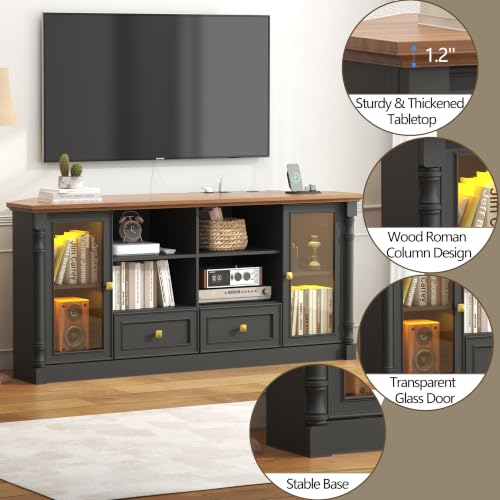 Image of Corner TV Stand for 55 60 65 Inch TVs,Entertainment Center,Black | Classic Column Design With 2 Display Cabinets,2 Drawers,Power Outlet & Led Light, Media Furniture For Living Room,Bedroom