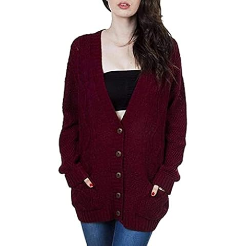 JJ CLOTHING C13 New Women's Everyday Long Sleeve Button Top Ladies Boyfriend Chunky Aran Cable Knit Grandad Cardigan (Wine, 24-26) Cover