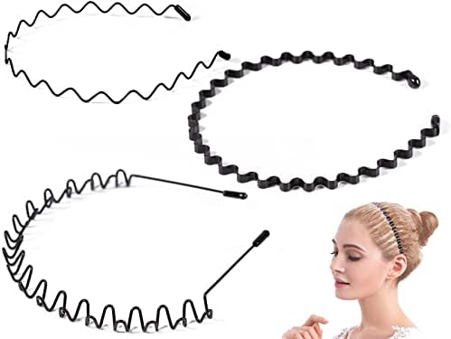 DKBT Metal Headband 3Pcs Unisex Hair Elastic Bands Black Wavy Head Band Hair Hoop Flexible Zigzag Hairband Sports Hair Holder Spring Hair Fashion Accessories for Men Women Kids