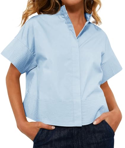 Image of Cicy Bell Womens Cropped Short Sleeve Button Down Shirts Pleated Summer Dressy Casual Blouse Stand Collar Loose Fit Tops Sky Blue
