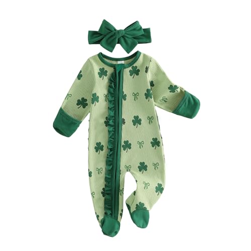 Ayalinggo Newborn Baby Romper Infant Girl One-piece Outfit Waffle Ruffle Zip Footie Spring Summer Clothes With Bow Headband Green Clover 0-3 Months