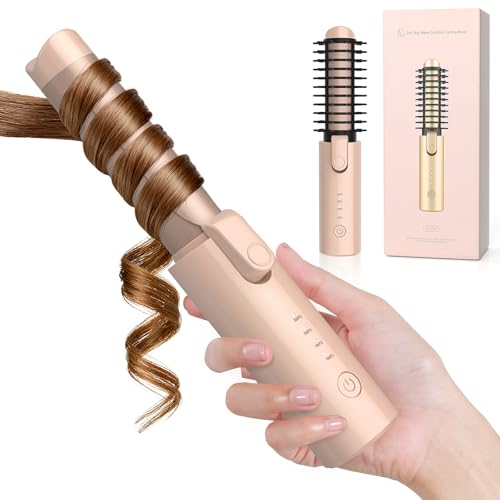 Cordless Curling Wand, Ceramic Curling Iron Hair Curler for Long & Medium Hair, 4 Heat Settings & 50min Cord-Free Travel Hair Curler with 10min Auto Off (Pink)