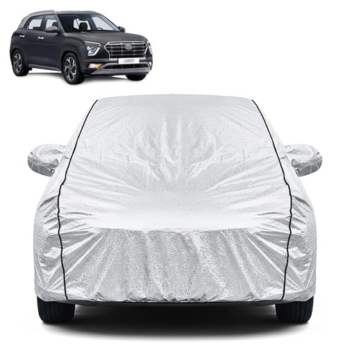 Image of Waterproof Car Cover for Hyundai Creta SX IVT | Dustproof, UV Resistant & Scratch Protection | Soft Cotton Lining | Triple Stitched | Mirror Pockets & Elastic Fit | Silver