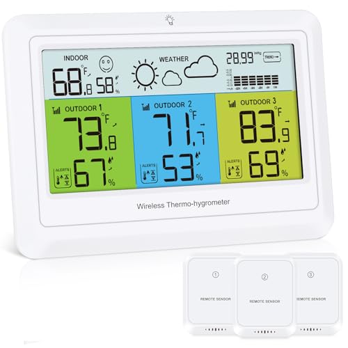 Thermomètre hygromètre intérieur extérieur avec 3 capteurs sans fil et écran couleur rétroéclairé