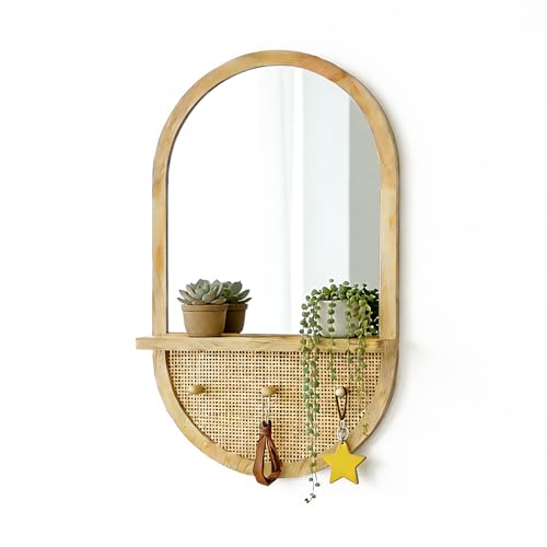 Cloud Space 30x18 Inch Arched Wall Mirror with Shelf and Hooks, Natural Wood and Handmade Rattan, Boho Style Decorative Mirror for Entryway, Bathroom, Bedroom