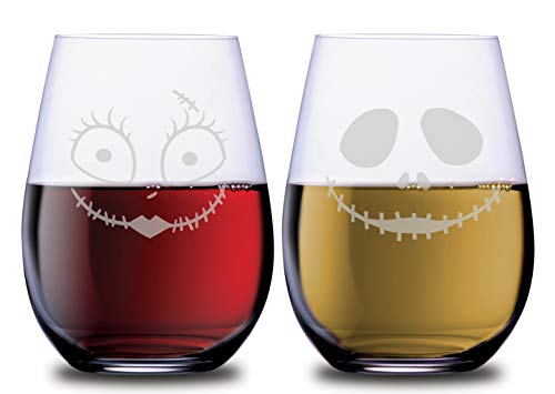 SMOOCHIES Set of 2 Inspired Halloween Jack Graphic His and Her Stemless Couples Wine Glasses with Permanent Etched Spooky Skeleton & Stitched Doll Face Dishwasher Safe 14oz Leadfree Glass Glassware