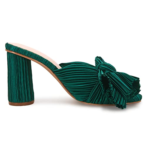 Vetaste Women's Pleated Bow Knot Heeled Sandals Comfortable Slip On Open Toe Block Chunky Heel Slides Bridal Wedding Dress Shoes #TOP2