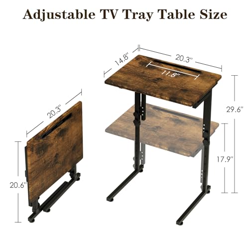 Fleecy day Adjustable Folding TV Tray Table,TV Dinner Small Foldable C-Shaped End Table for Eating,6 Height Adjustable Slide Under Couch Side with Sturdy MDF Top,No Assembly(Brown)