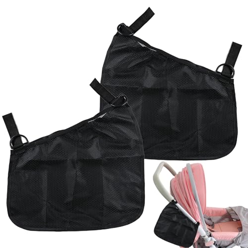 2PCS Universal Side Sling Stroller Cargo Net Portable Storage Mesh Bag Stroller Storage Organizer Bag Non-Slip and Adjustable Straps Side Sling Mesh Organizer(Black)