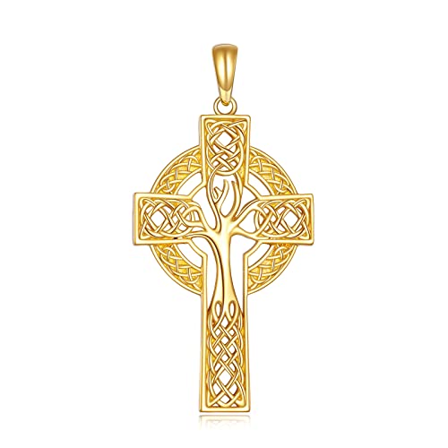 KECHO 14K Solid Gold Tree of Life Cross Pendant 14K Real Gold Celtic Cross Jewelry Religious Christian Gifts for Men Women No Chain Only Pendant