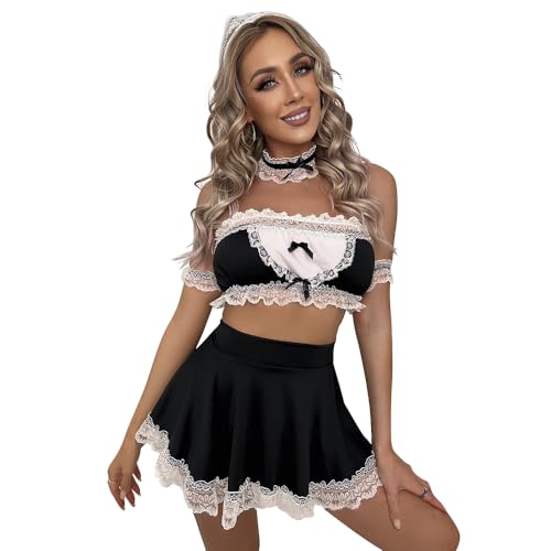 GIVTULIP Sexy Maid Kostüm Dienstmädchen Outfit 7 Stück Frauen Freche Dessous Sets Anime Cosplay Spitze Rollenspiel Nachtwäsche Mini Rock Maid...