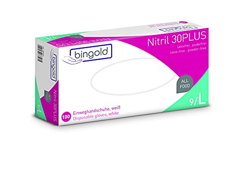 Einmalhandschuhe BINGOLD Nitril 30PLUS, Nitrilhandschuhe, weiÃ, GröÃe L, 100-er Pack
