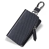 [VISOUL] スマートキーケース メンズ 本革 キーケース ファスナー留め具 スリム型 スマートキー 車キー カラビナ付き レディース コンパクト キーホルダー キーカバー 専用ボックス付き カーボンレザー 黒 Ｃ革左右開け