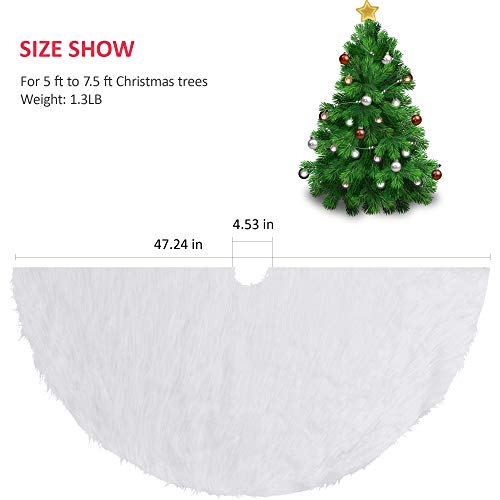 BININBOX Christmas Tree Skirt, 48 Inch Snowy White Faux Fur Xmas Plush Tree Skirt, Winter Large Christmas Tree Mat, Holiday Party Christmas Tree Decorations