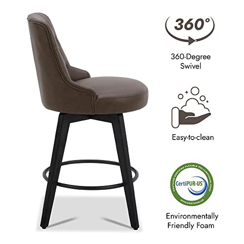 Image of Watson & Whitely Counter Height Bar Stools Swivel Barstools, Chocolate | Faux Leather, Set of 2, Upholstered Modern Barstool with Back, Solid Wood Legs, 26 inch H Seat