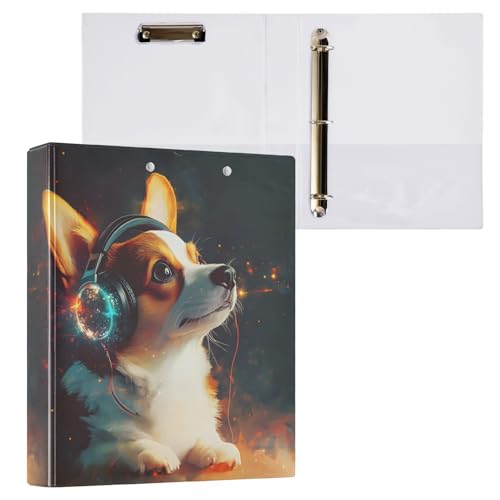 Image of 3 Ring Binder Corgi Wearing Headphones 1.5 inch Binders Three Ring Binders with Clipboard Fit 8.5'' x 11'' Paper 3 Interior PVC Clear Pockets for Office Supplies