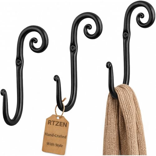 RTZEN Wall Mount Hook Set - Wrought Iron Decorative Rustic Metal Coat Hooks for Hanging - Handcrafted Classic Farmhouse Wall Mounted Black Hooks for Towel Robe or Hat Hanging - 3 Pack