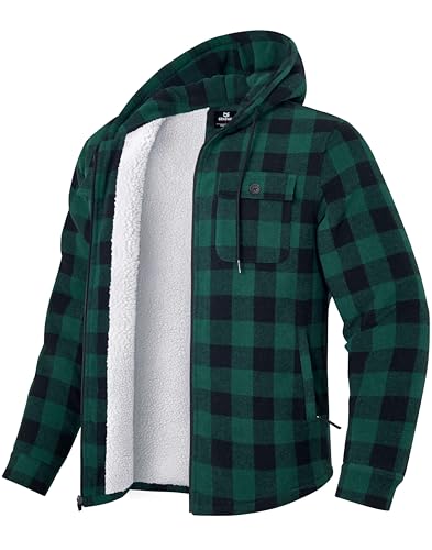 Men's Flannel Jacket Fleece Sherpa Lined Hoodies Zip Up Plaid Shirt Warm Winter Jackets for Men with Zipper Pockets(Black Green,XL)