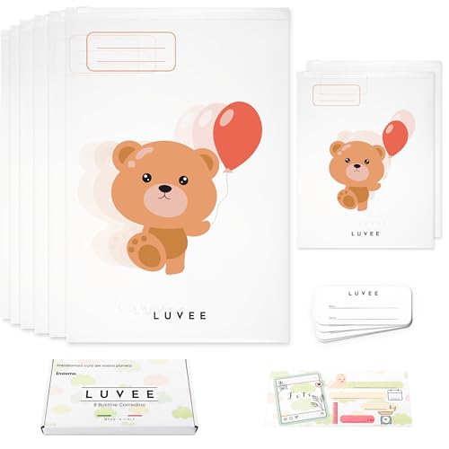 LUVEE 8 Bustine Corredino Neonato Ospedale UNISEX (Teddy 6 Grandi + 2 Piccole) con Etichette Adesive - 100% Made in Italy - Sacchetti Cambio Neonato Ospedale Riutilizzabili per Asilo e Viaggi