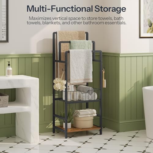 HOOBRO Free Standing Towel Rack, Blanket Rack with 3 Towel Bars, Storage Basket and Shelf, Towel Holder with Hook, Blanket Organizer, for Bathroom and Laundry, Black and Rustic Brown BF13LB01 — view 3