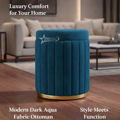 Image of Round Strip Stool with Cushion Foot Rest Office Stool Pouf Ottoman Padded Seat in Living Room - Aqua