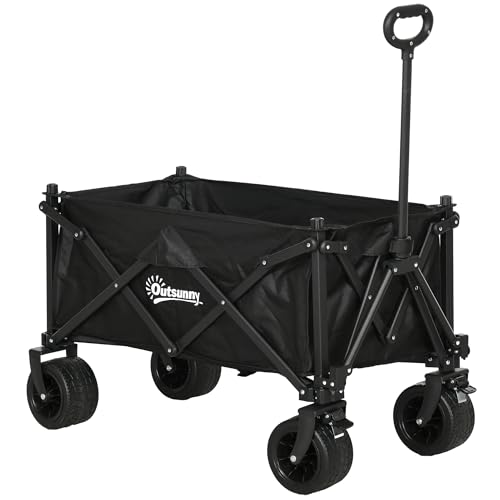Outsunny Folding Garden Trolley Cart, Outdoor Collapsible Wagon with Telescopic Handle, Carry Bag and All-Terrain Big Wheels, for Beach, Camping, Festival, 120KG Capacity, Black