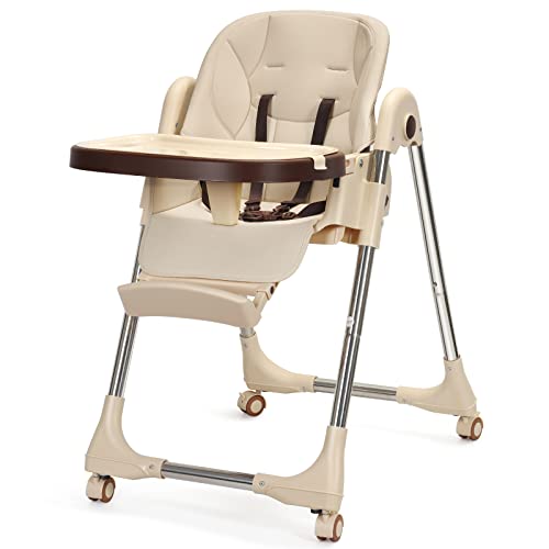 Image of Foldable Highchair for Babies & Toddlers, Multiple Adjustable Backrest, Footrest and Seat Height, Removable Tray, Detachable PU Leather Cushion, Built-in Rear Wheels