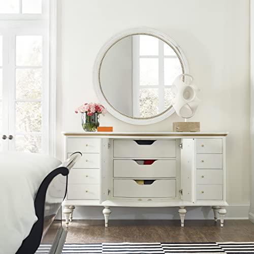 Rustic Farmhouse Mirror,32" White Natural Wooden Circle Wall Mirror,Round Decorative Wall Hanging Mirror With Beads For Bedroom, Living Room Or Entryway (White-Inner Beads, 32“) #TOP5