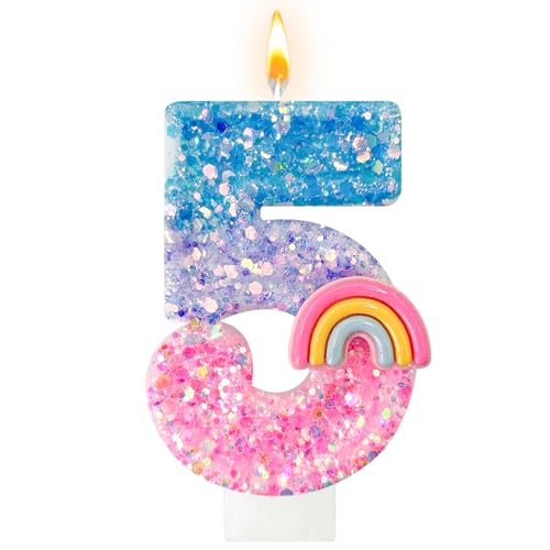 Panouo Rainbow Birthday Number Candles, Number 5 Candles, Cupcake Decorations, Macaron Birthday Cake Decorations, Cartoon Theme Party Supplies (Number 5)
