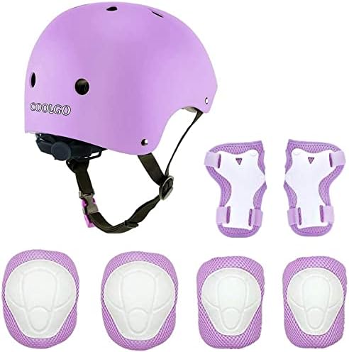 COOLGO Kids Skateboard Helmet Protective Gear Set,7 in 1 Adjustable Knee Elbow Pads Wrist Guards Toddler Protection Safety Scooter Skating Bike (Purple)