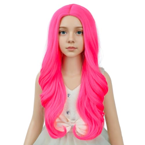 Image of Neon Pink Wig Long Hot Pink Middle Part Wig Long Wavy Curly Wigs Heat Resistant Synthetic Wigs for Daily Party Use