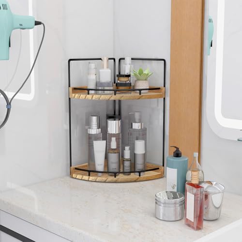 Image of Dorhors 2-Tier Bathroom Counter Organizer,Vanity Counter Corner Shelf, Skincare, Wood Countertop Bathroom Storage and Organization for Kitchen (Brown)