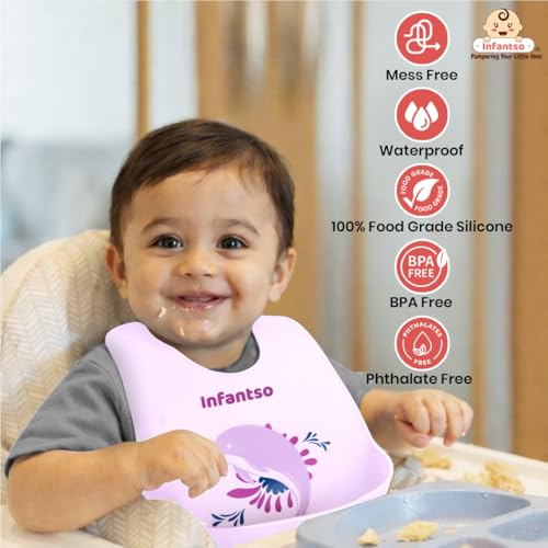Image of Infantso Silicone Ultra Light Baby Bib for Feeding & Weaning Babies & Toddlers with Food Cather Pocket, Waterproof, Washable, Reusable, Non Messy Easy Cleaning, No Odour, Adjustable Button Neckline