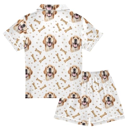 Dog with Bones Prints Summer Satin Pajama Set, Cute Button-Down Sleepwear Pj Set for Sleep Wears2