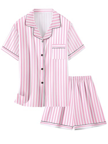 Image of Schbbbta Girls Womens Pajamas, Satin Silky Pjs Set Kids 2Pcs Button-Down Nightwear Sleepwear Gift for Mommy and me