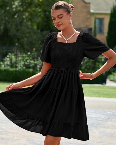 Image of BTFBM Womens Summer Smocked Mini Dress Spring Square Neck Flutter Sleeve Casual Ruffle Swing Boho Beach Dresses Pockets