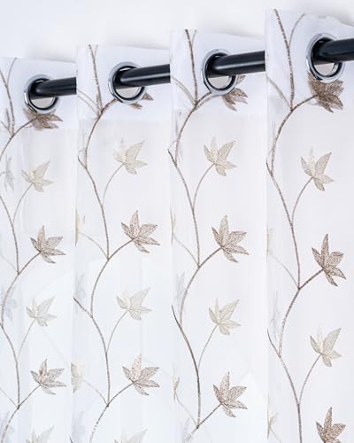 Image of (5 Ft Sheer Tissue with Embroidery Flower Design | Grommet Curtains Window Curtain | Window Curtain (Brown) | for Home | Pack of 2 | 152 L X 121 W Centimeters