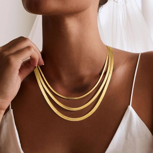 Gold Necklace for Women, 18K Gold Plated Layered Herringbone Necklace Choker Chain Necklaces Dainty Gold Necklaces Waterproof Jewelry for Women Non Tarnish4