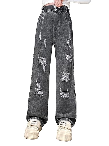 Hularka Kids Girls Ripped Jeans High Waist Bell Bottom Denim Pants Casual Straight Leg Distressed Trousers Bottoms