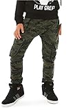 Solvera Jogginghose für Kinder, elastisch an der Taille, Camouflage-Hose, für Jungen, Cargo-Stoff, mit Militär-Taschen, Grün 158 cm