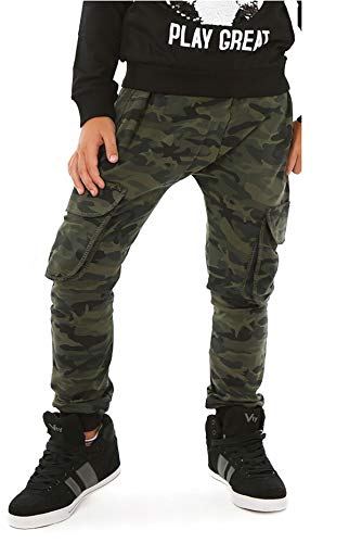 Solvera - Pantalones de chándal para niño con cintura elástica, pantalones de camuflaje para niño con bolsillos militares Verde militar 128 cm