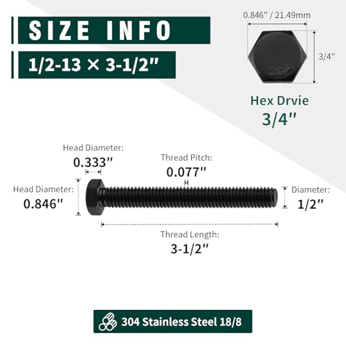 Image of 1 /2-13 x 3-1 /2 inch Hex Head Bolts Black, 304 Stainless Steel 18-8 Hexagon Head Screws Bolts, Black Oxide Finish, Allen Hex Drive, 4 PCS