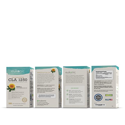 Eukonic CLA 1250 mg, 180 Softgels, Natural Diet Pills for Increased Weight Loss and as a Fat Burner, 100% Safflower Oil, Lose Weight Faster, Non-GMO, 3rd Party Tested