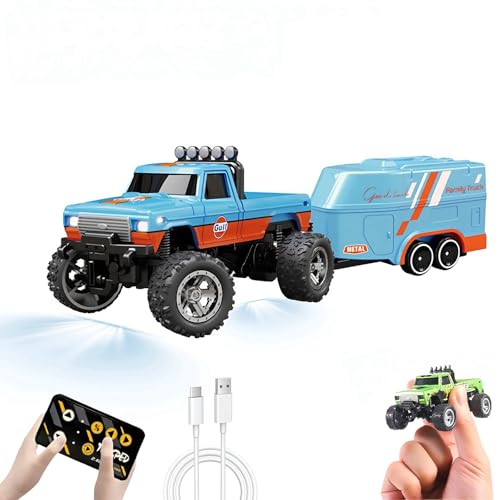 EXVQMU Mini RC Car, 1/64 Scale Mini Remote Control Monster Truck with Trailer, 2.4Ghz & APP Remote Control, Rechargeable Alloy Shell Mini RC Cars with Lights, Speed/Steering Adjustable (Blue-b)