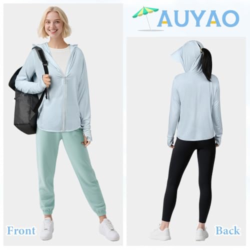 AUYAO Damska kurtka do biegania UV 50+ Oddychająca kurtka sportowa z długim rękawem na siłownię z kieszenią, bluza sportowa na zamek, sportowa bluza z ochroną przeciwsłoneczną z odpinaną daszkiem, do